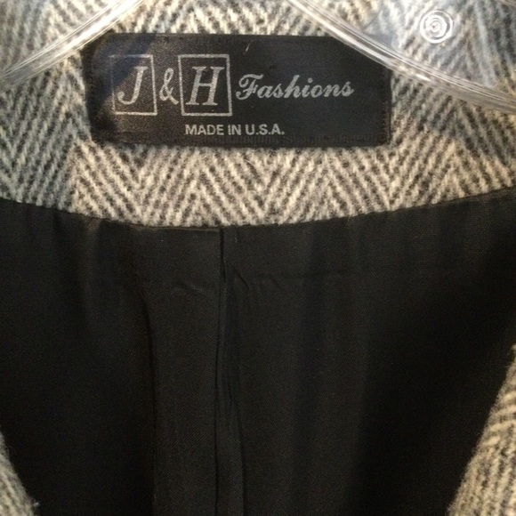 Vintage Black & White Herringbone Double Breasted Wool Overcoat Size 14 - Picture 10 of 16